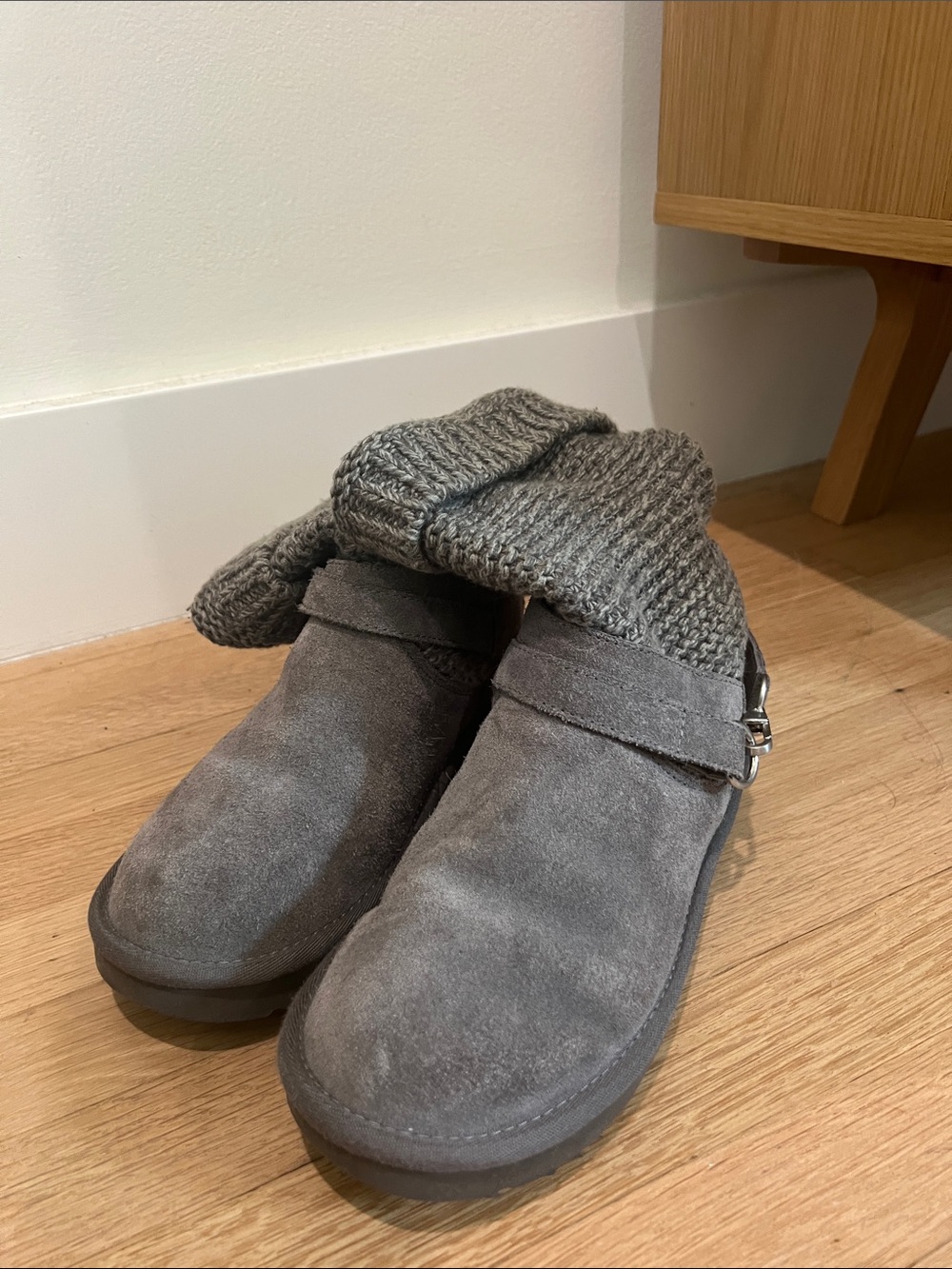 UGG Gray Suede Fold-Over Ankle Boots with Knit Cuff